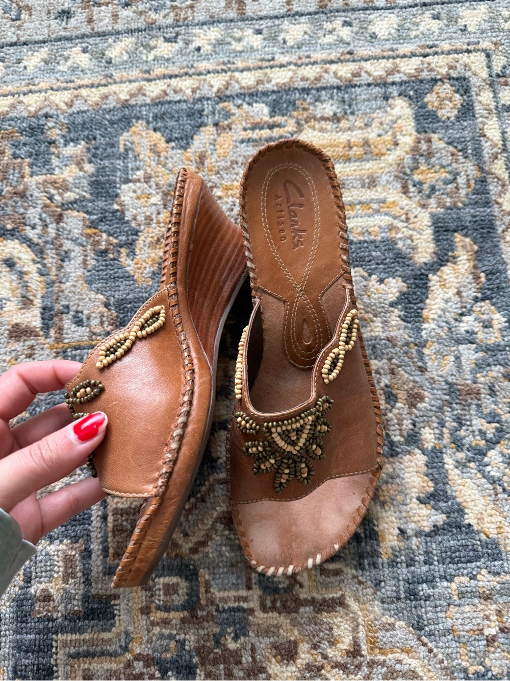 Clarks Brown Beaded Leather Slide Mules - Picture 2 of 4